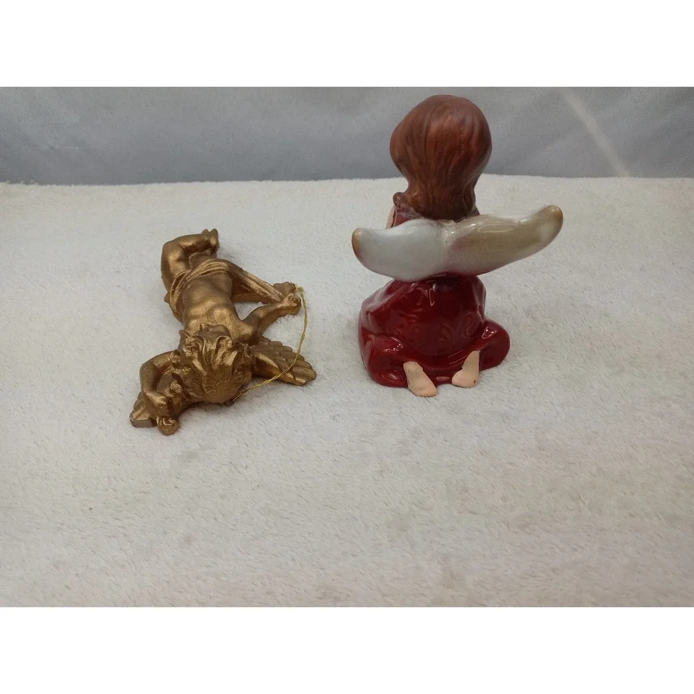 Angel Figurines Set of 2 Gold & Red Harp Hanging Christmas Holiday Decor‎